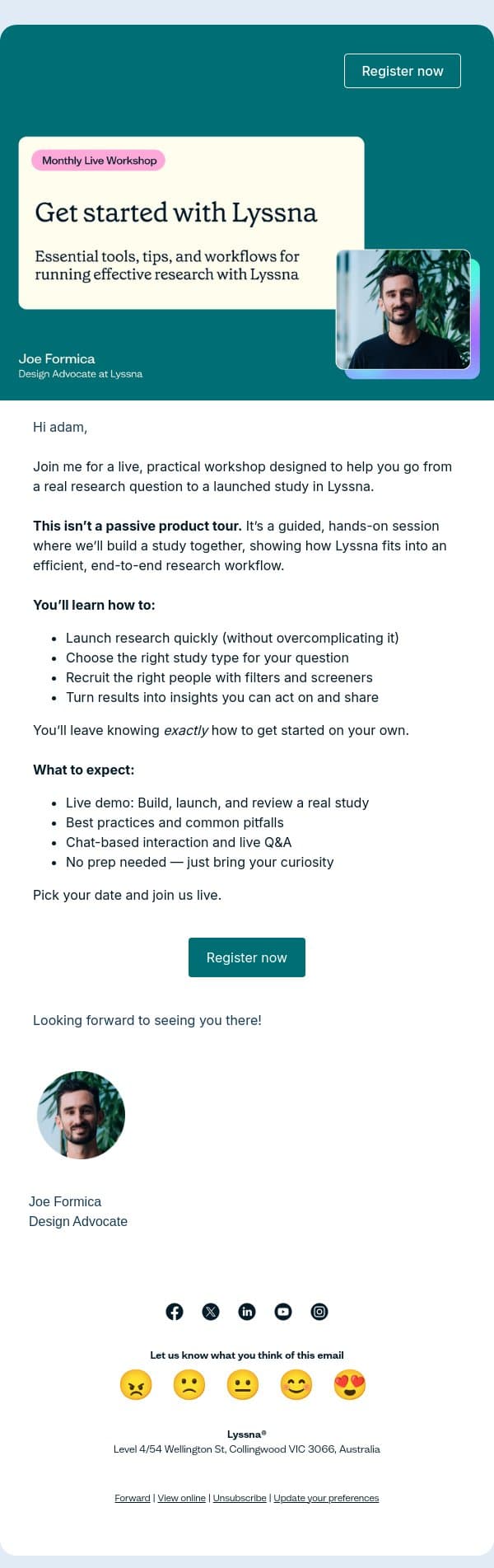 📆 Join our live workshop to get started with Lyssna email from Lyssna screenshot