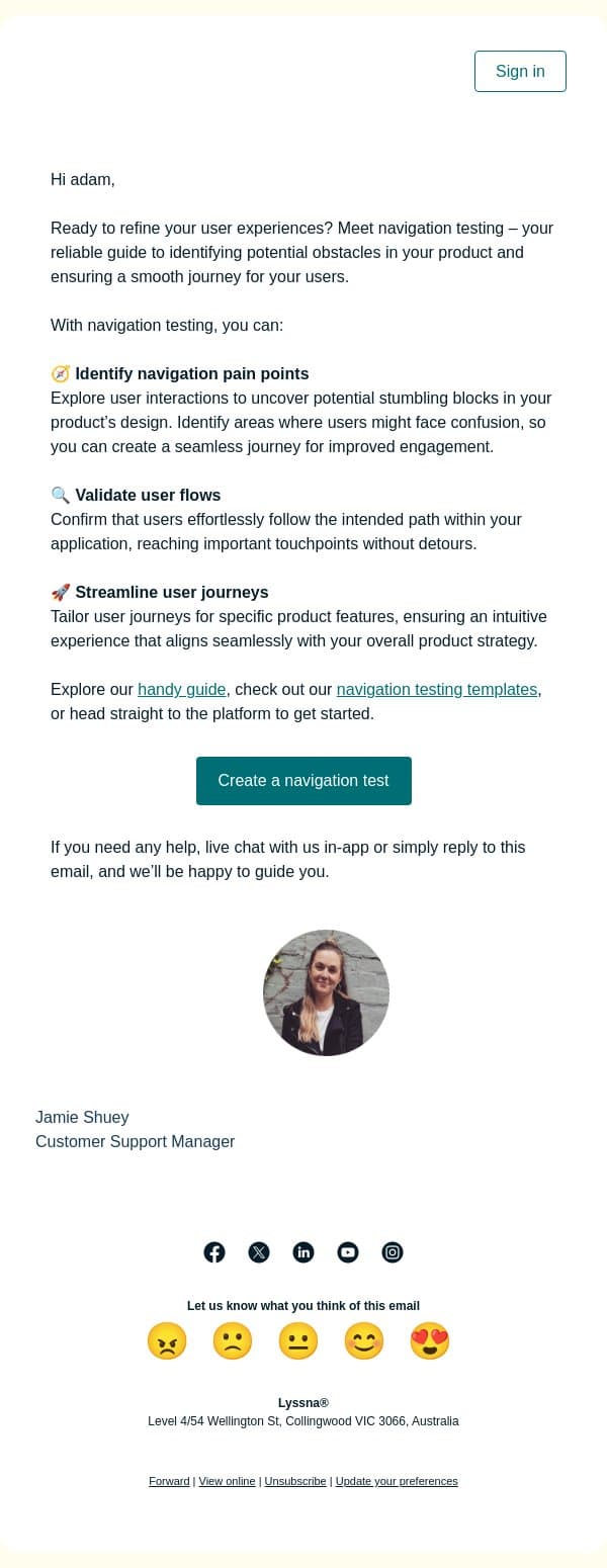 Uncover user insights with navigation testing 🧭🚀 email from Lyssna screenshot