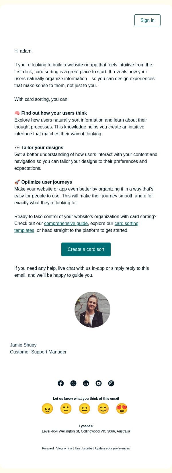 Improve your website’s organization for a smooth user experience with card sorting email from Lyssna screenshot