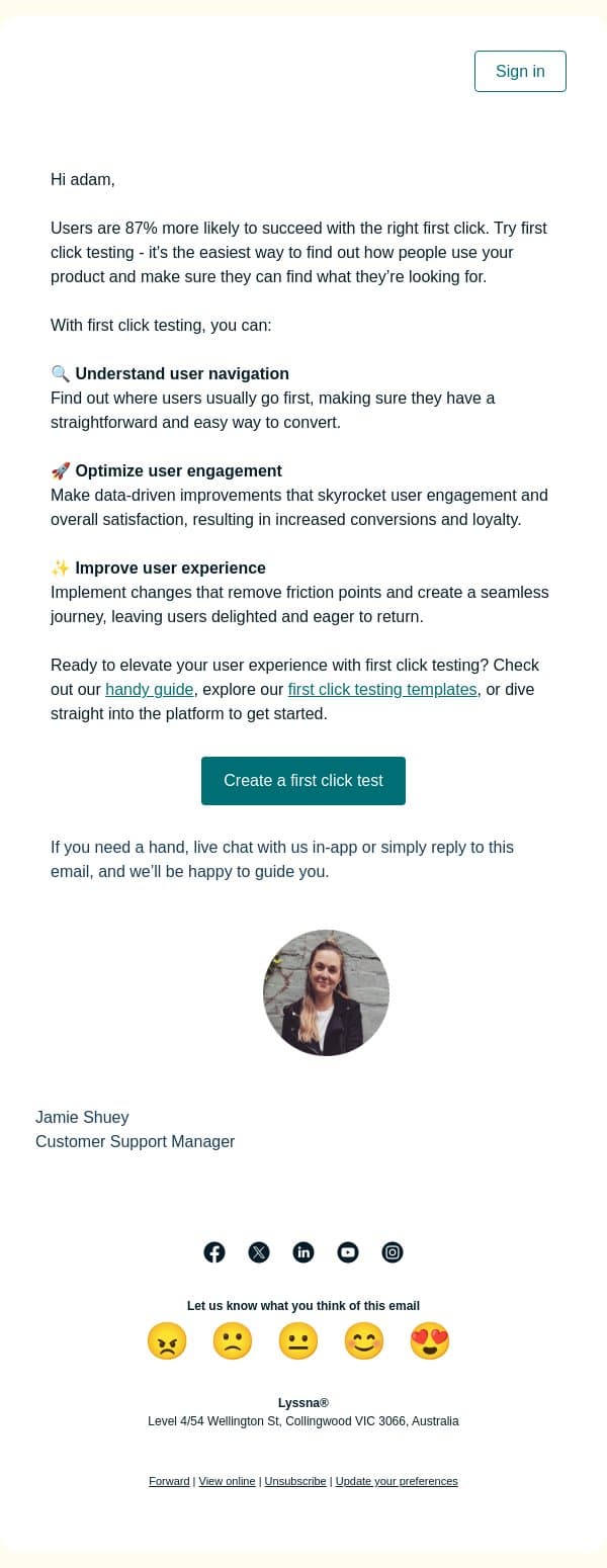 Optimize your product experience with first-click testing! email from Lyssna screenshot
