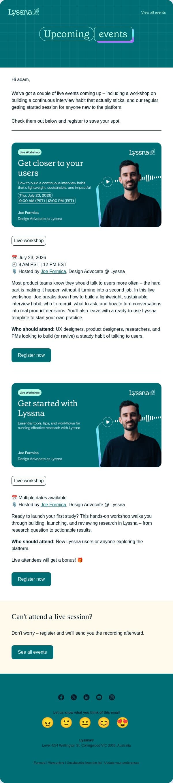 Live events: Build a continuous interview habit that actually sticks email from Lyssna screenshot