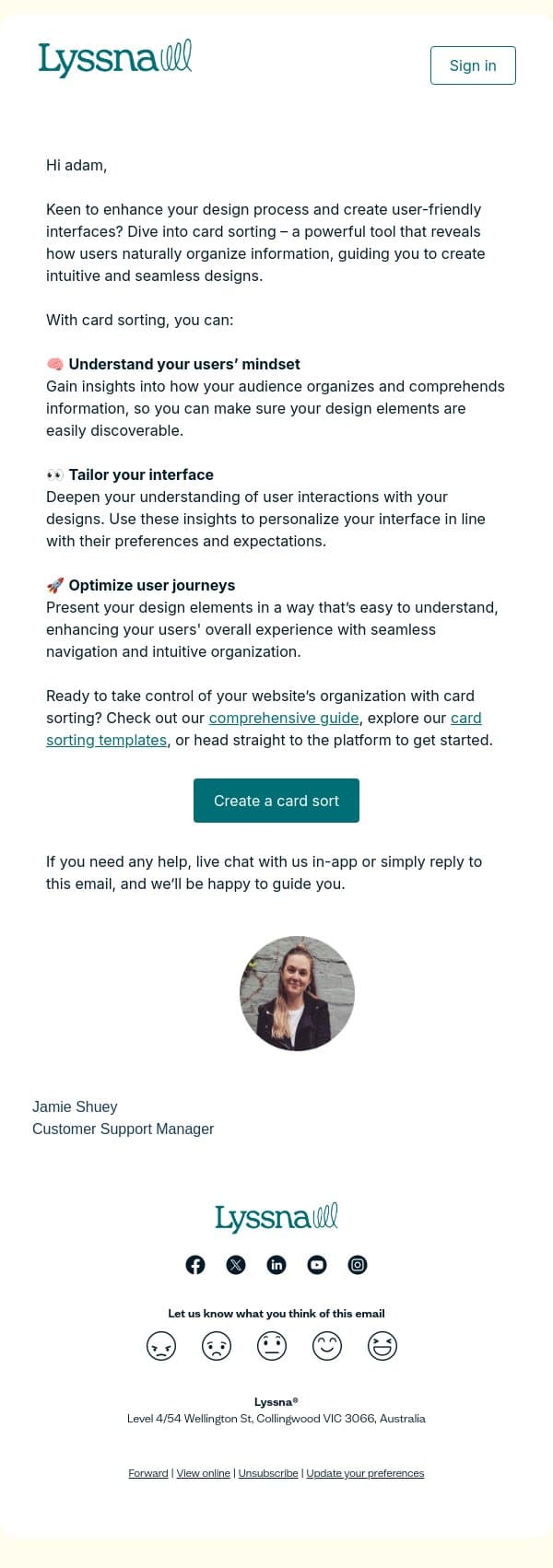 Craft intuitive designs: Master card sorting for UX email from Lyssna screenshot
