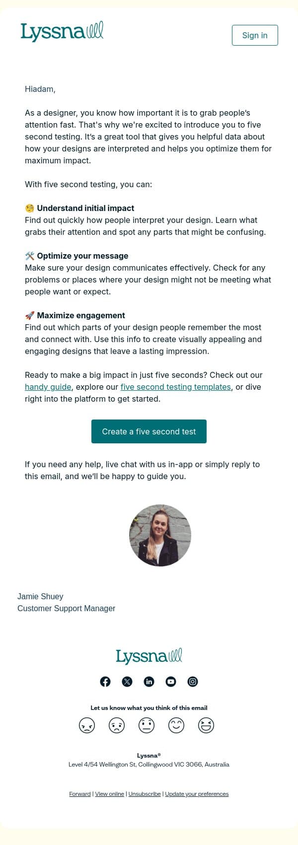Transform the first impression of your design into a lasting impact email from Lyssna screenshot
