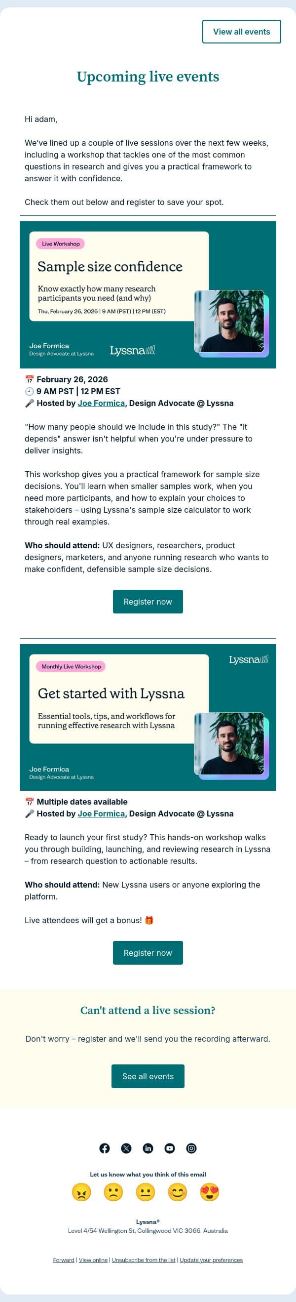 Live events: How many research participants do you actually need? Plus a hands-on workshop email from Lyssna screenshot