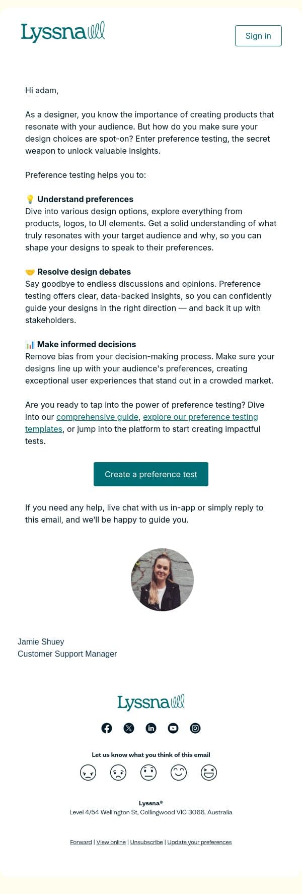 Unlock the magic of preference testing for better design decisions ✨ email from Lyssna screenshot