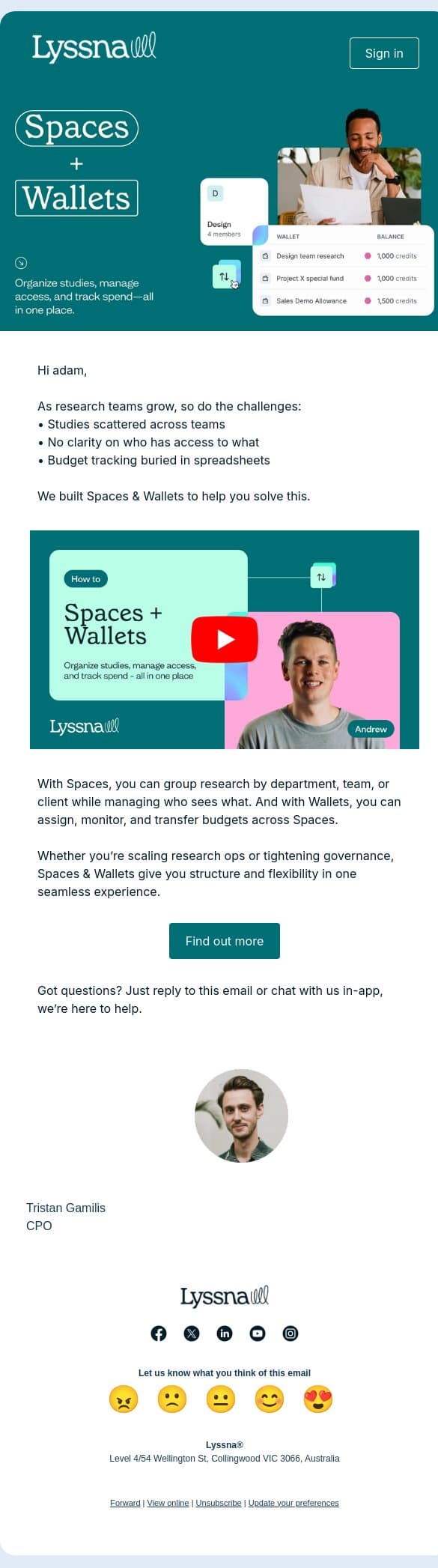 🔐 Organize access. 💸 Control budgets. All in Lyssna. email from Lyssna screenshot