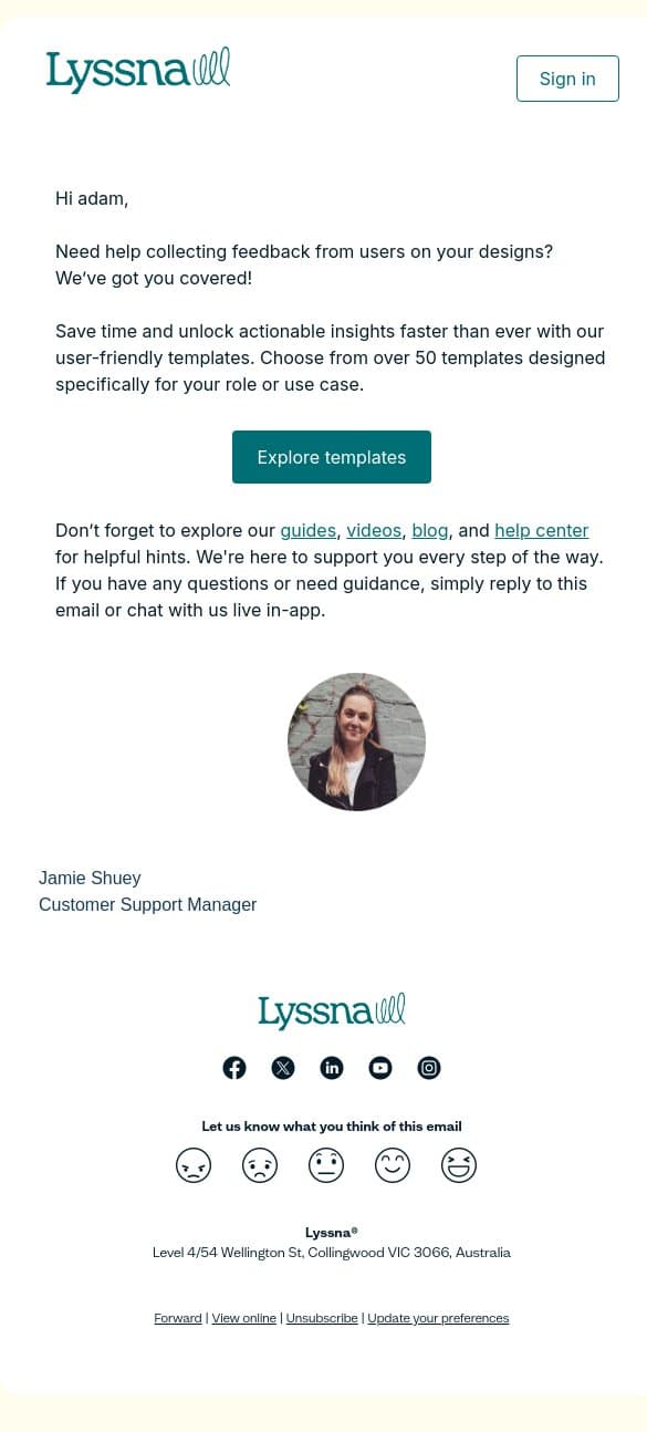 Get started in Lyssna with these quick and easy templates to support your design research email from Lyssna screenshot
