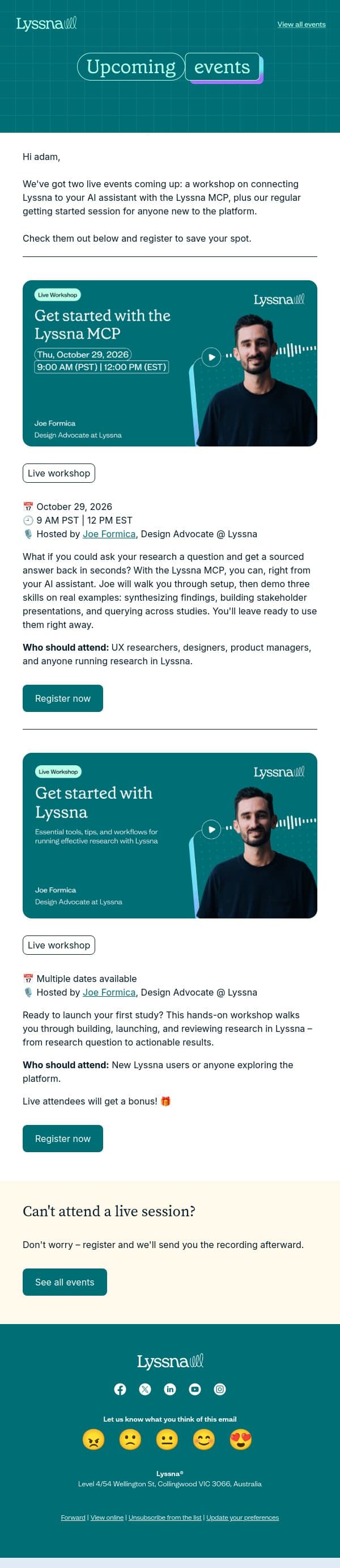Live events: Ask your research anything with the Lyssna MCP email from Lyssna screenshot