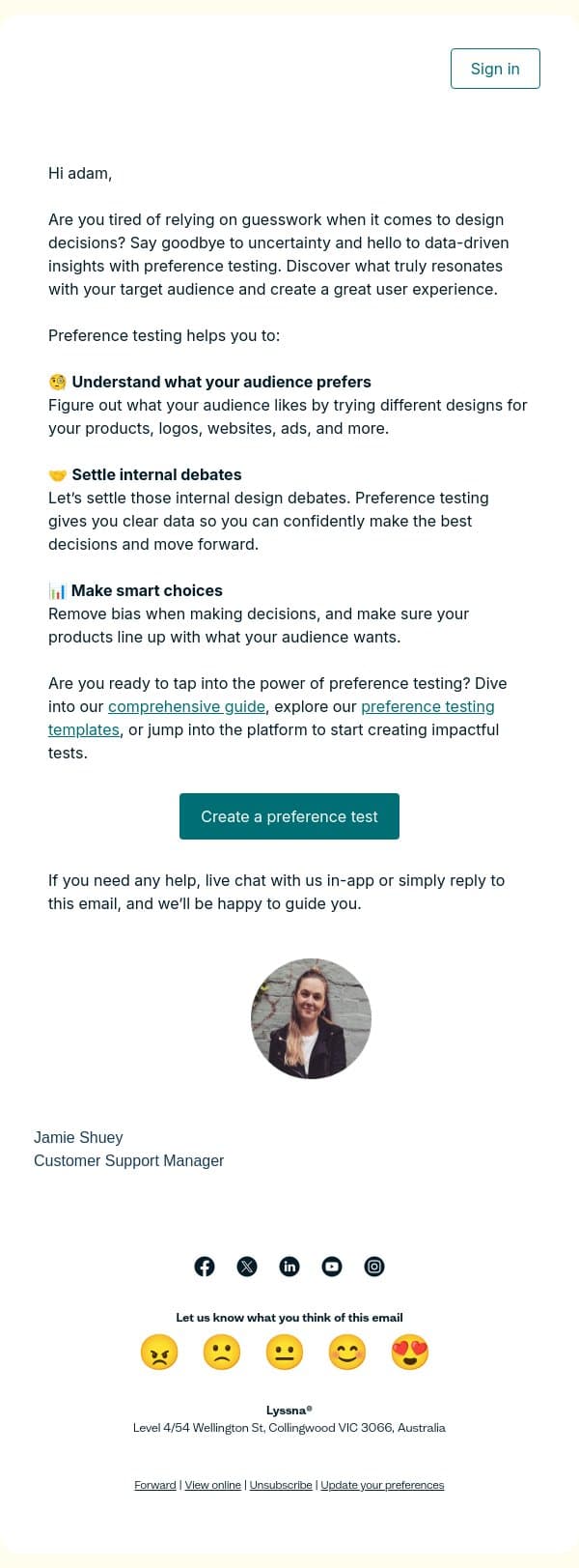 Unlock the magic of preference testing for smarter product choices 🧙‍♂️ email from Lyssna screenshot