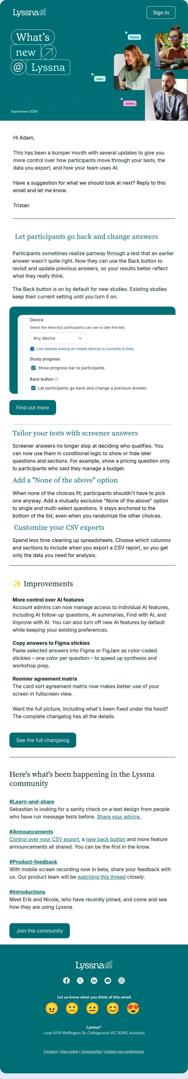 New in Lyssna: More control over your studies and data email from Lyssna screenshot