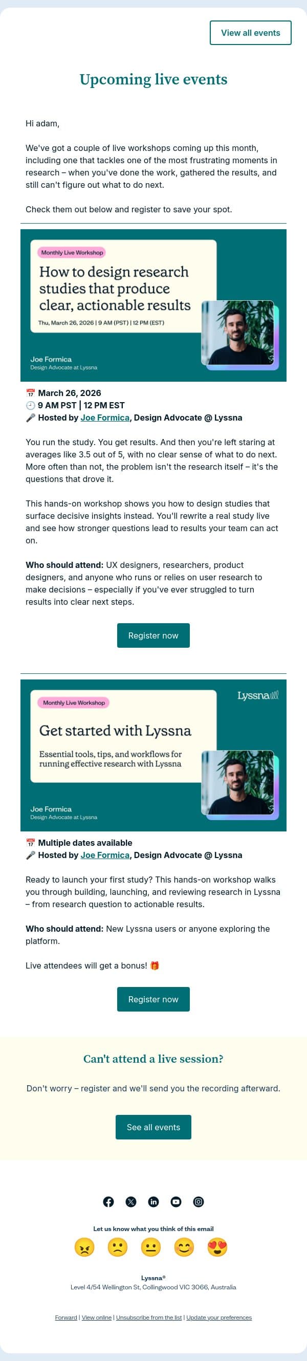 Live events: Sharpen your research questions in this hands-on workshop. Plus, get started with Lyssna email from Lyssna screenshot