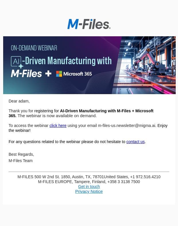 Watch the on-demand webinar: AI-Driven Manufacturing with M-Files + Microsoft 365 email from M-Files screenshot