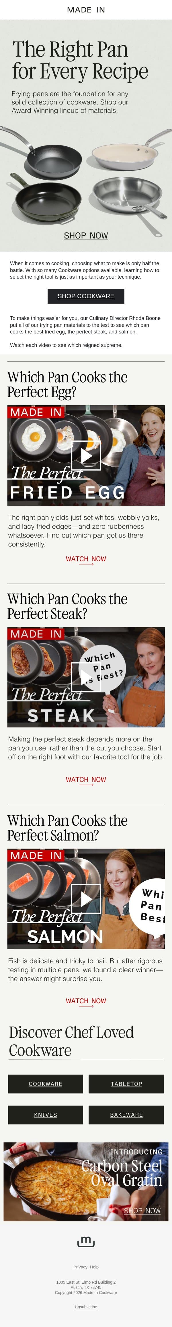 Not all pans cook the same. email from Made In screenshot