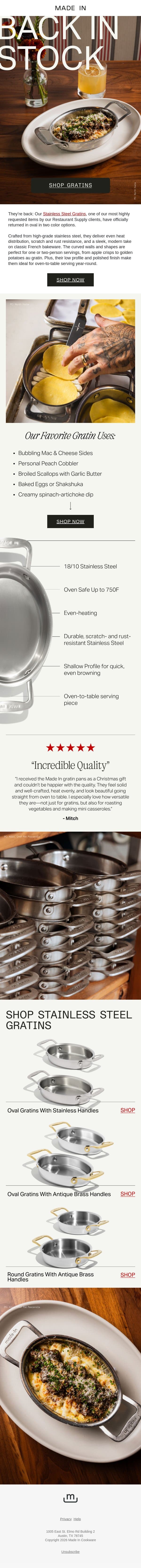 They’re Back: Oval Stainless Steel Gratins email from Made In screenshot