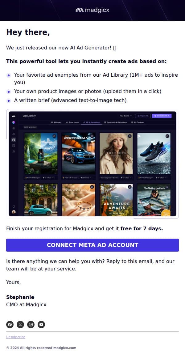 Don’t want to create new ads with AI? 🤔 email from MadgicX screenshot