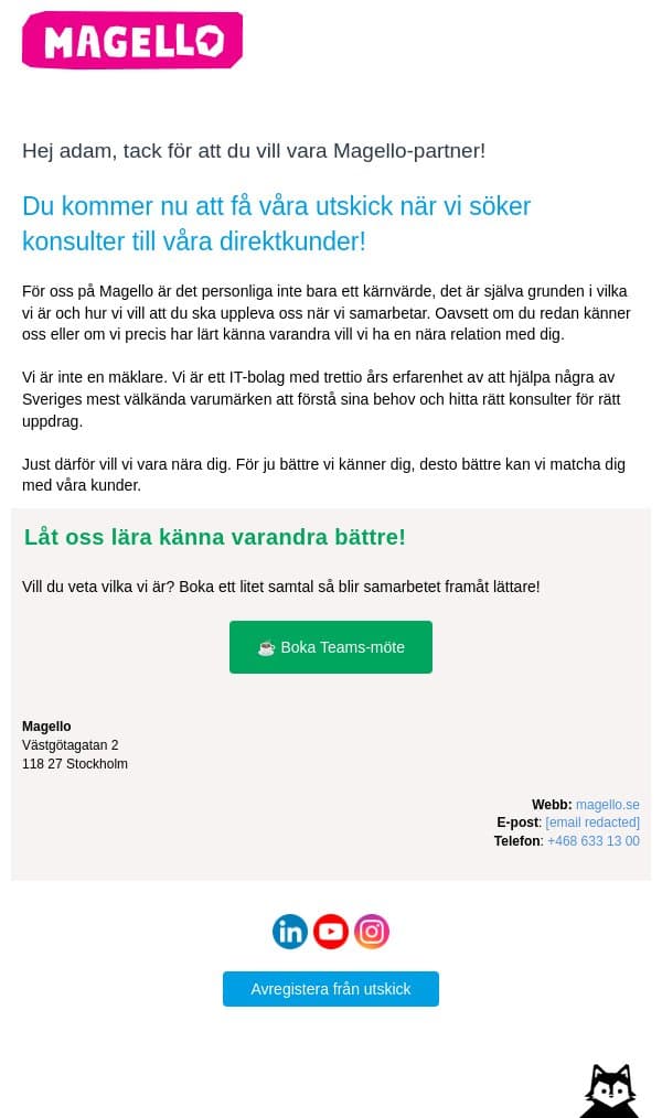 Välkommen till Magellos partnernätverk email from Magello screenshot
