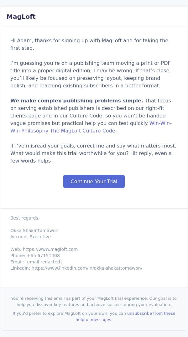 Welcome to MagLoft, Adam email from MagLoft screenshot