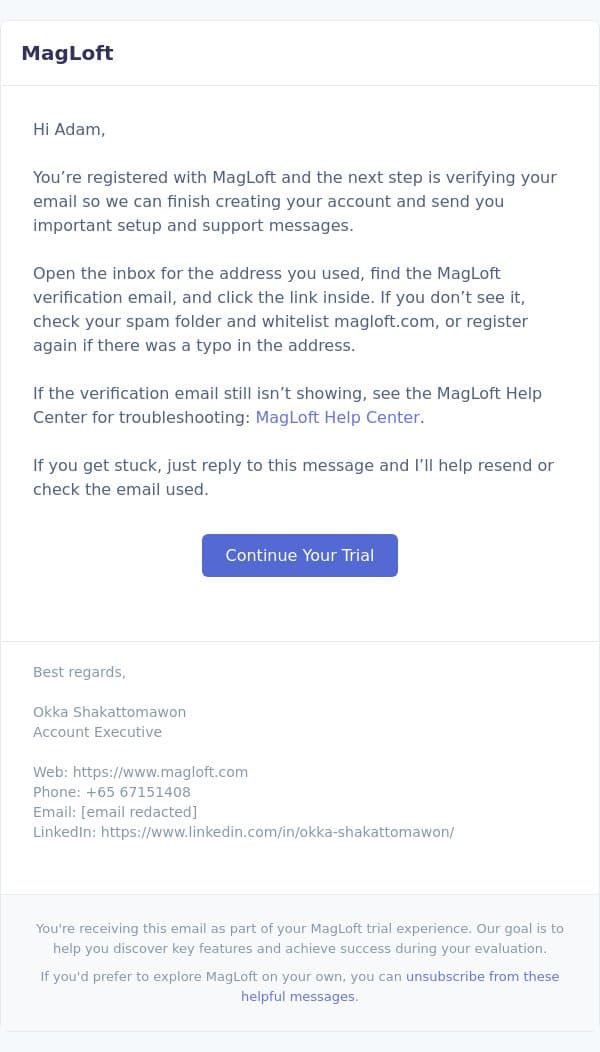 Re: Welcome to MagLoft, Adam email from MagLoft screenshot