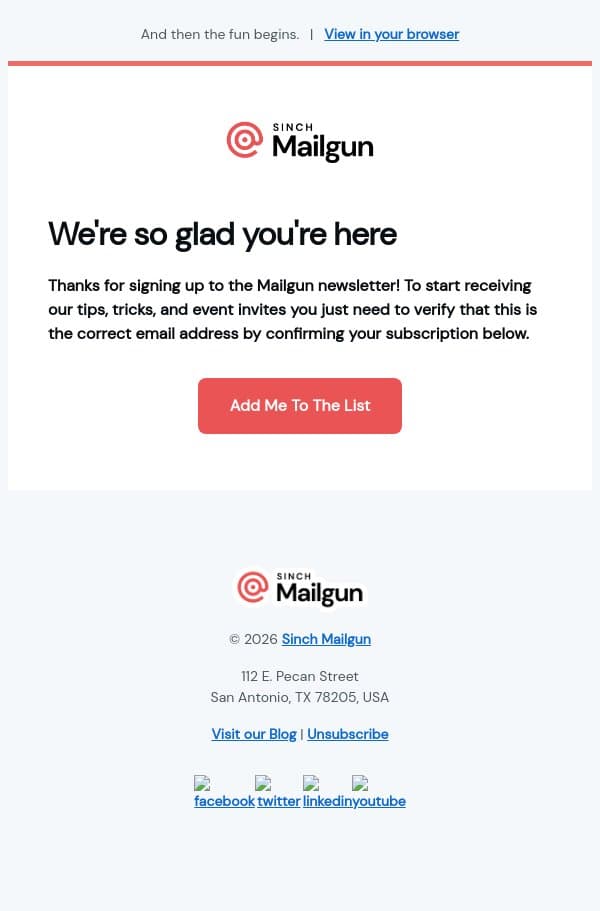 Confirm your Mailgun newsletter subscription email from Mailgun screenshot