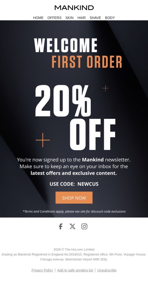 Hey You! Your Welcome Discount Is Waiting Inside.. email from Mankind screenshot