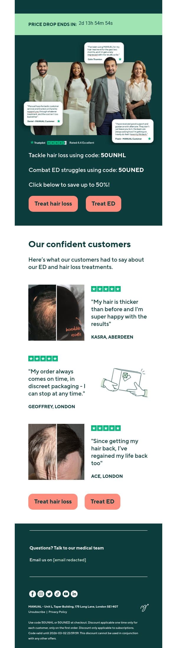 ⭐️ Rated Excellent: 50% off proven treatment email from Manual screenshot
