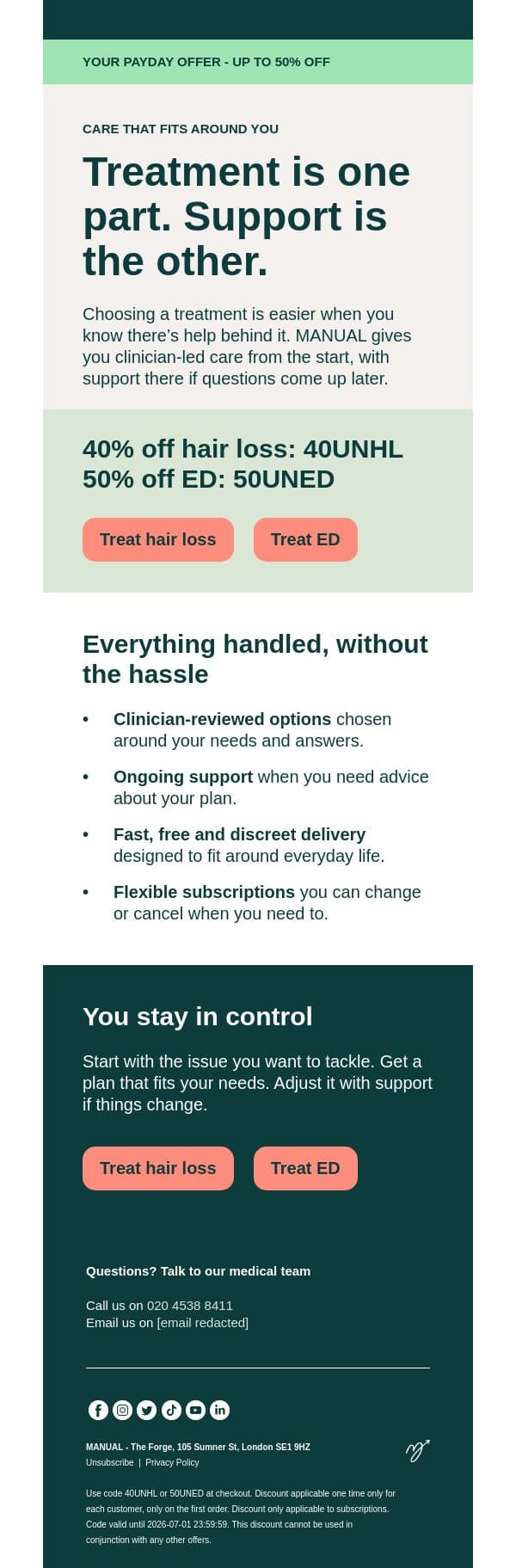 Treatment’s one thing. Support’s another. email from Manual screenshot