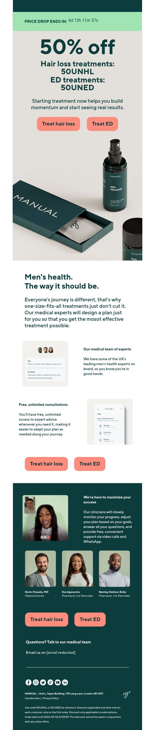 50% off personalised treatment email from Manual screenshot