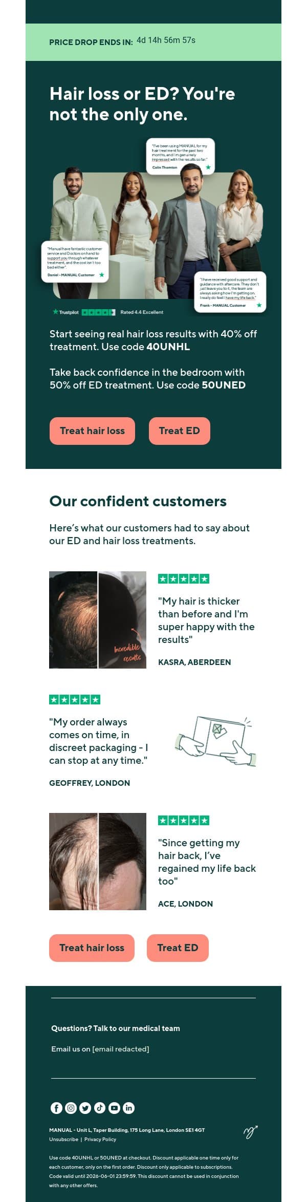 Hair loss or ED? You're not the only one. email from Manual screenshot