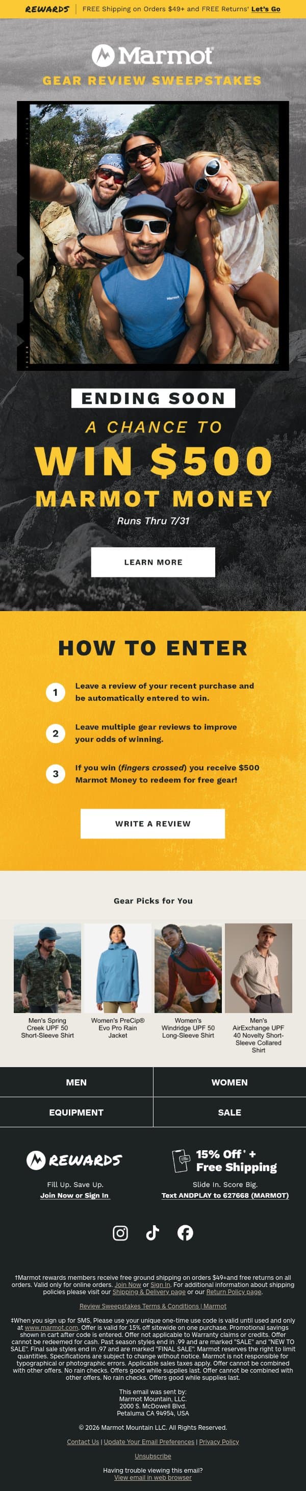 Ends Soon: $500 Marmot Money 💵 Sweepstakes email from Marmot screenshot