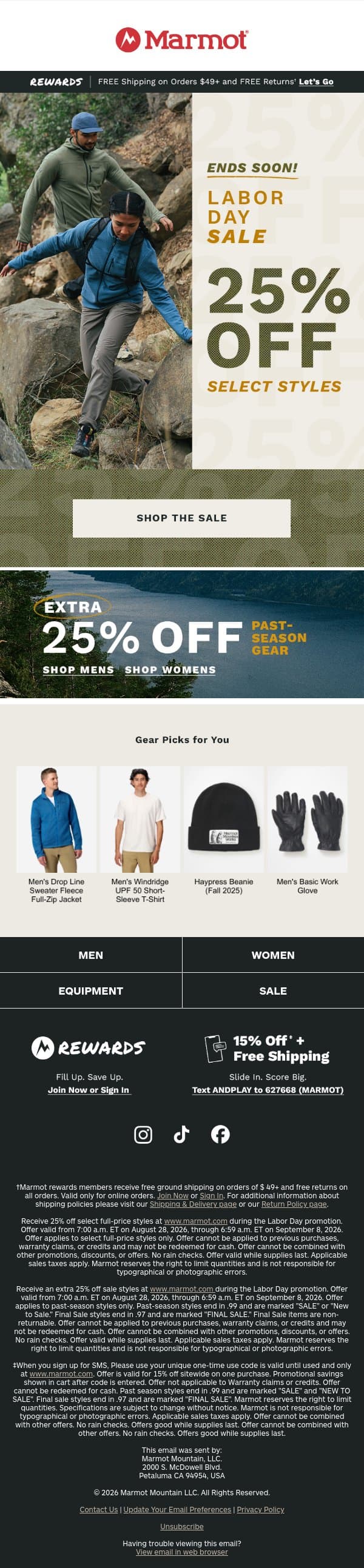 25% Off Select Styles: Labor Day Sale Ends Soon email from Marmot screenshot