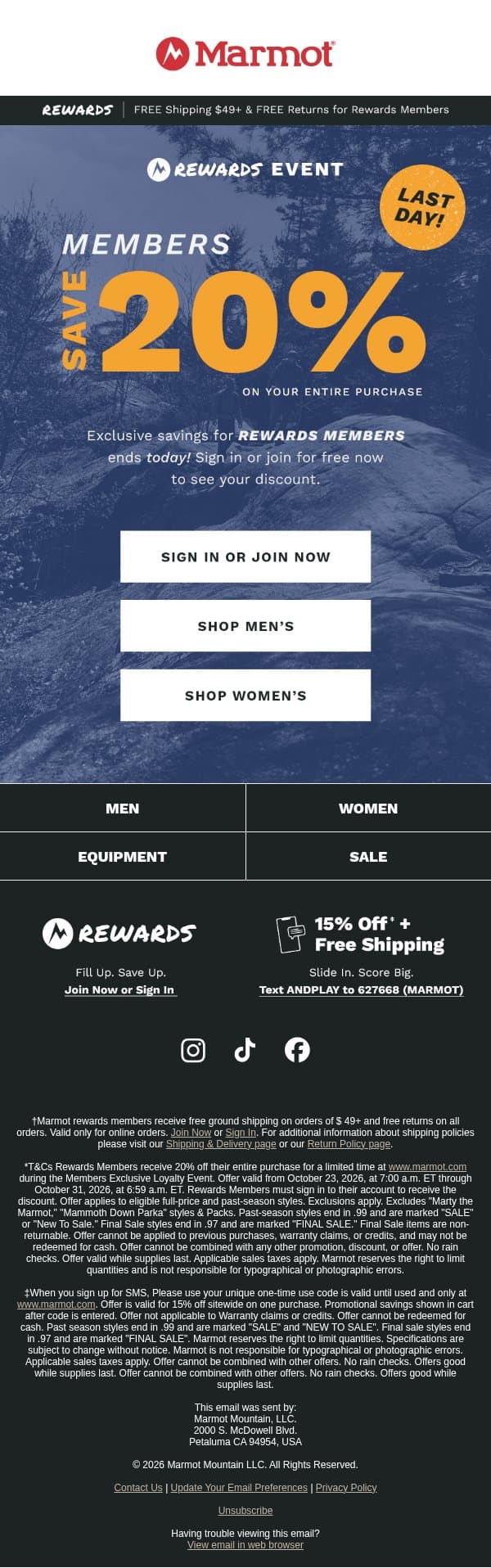 Ending Today! 20% Off for Rewards Members email from Marmot screenshot
