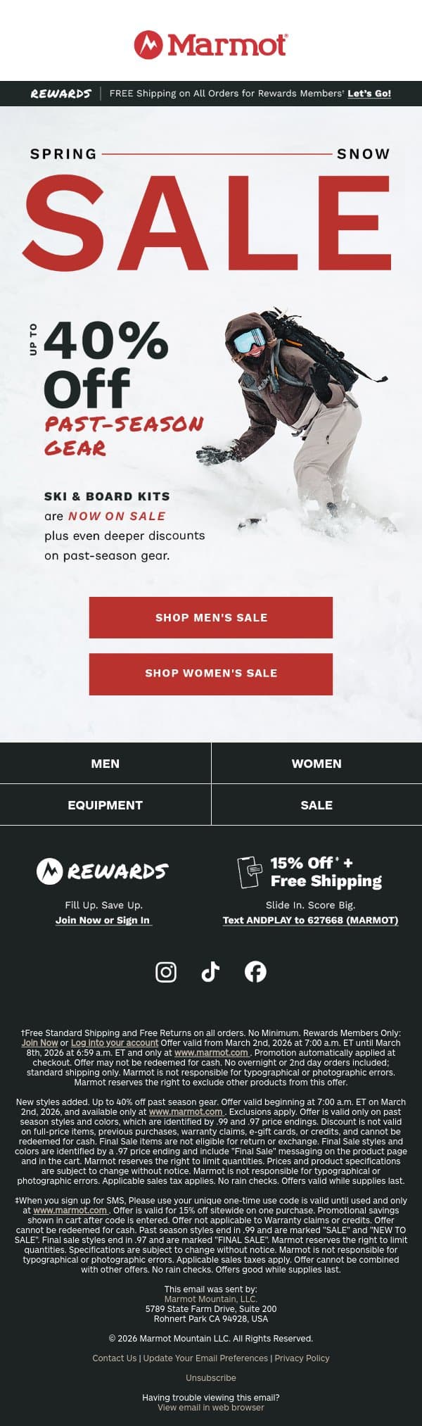 Sale: NOW Up to 40% Off Past-Season Gear email from Marmot screenshot