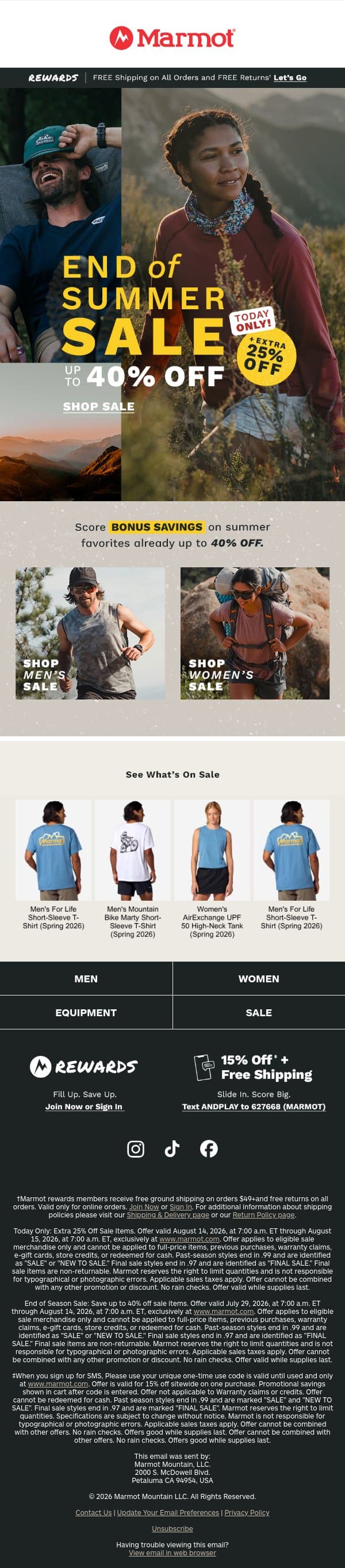 Today Only: Extra 25% Off Sale Items email from Marmot screenshot