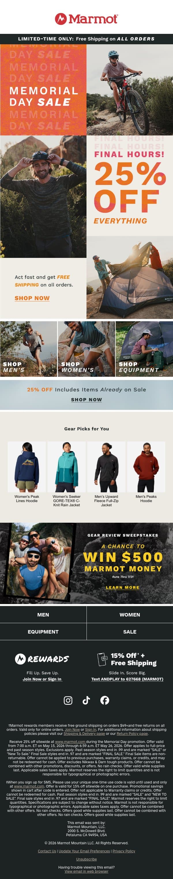 Final Hours: 25% Off Everything email from Marmot screenshot