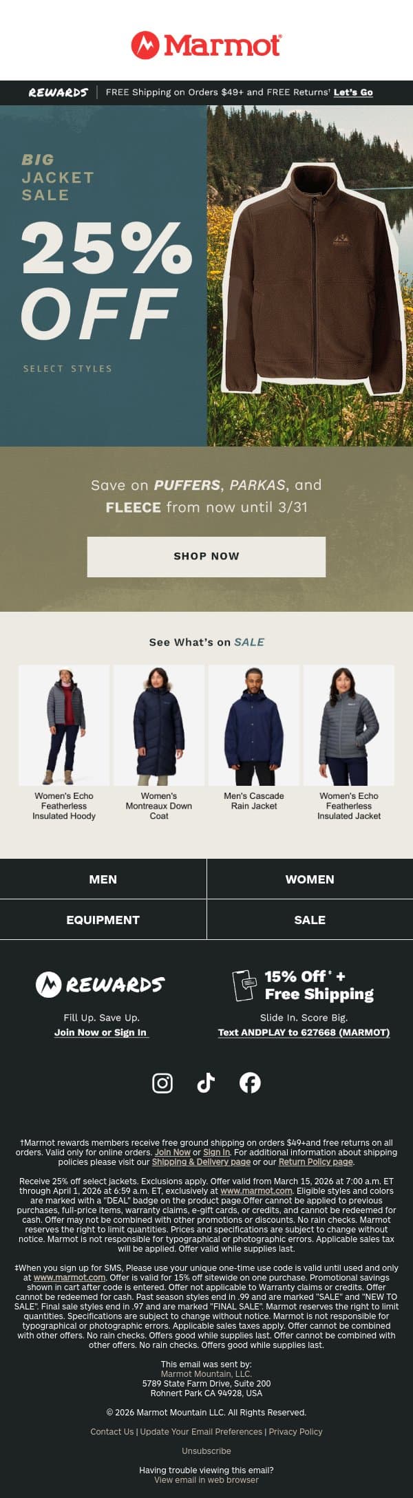 Big Jacket Sale is On: 25% Off Select Styles email from Marmot screenshot