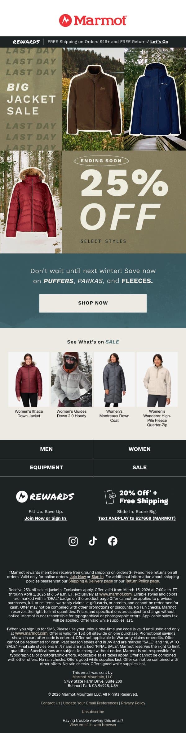 Ending Soon: 25% Off Big Jacket Sale email from Marmot screenshot