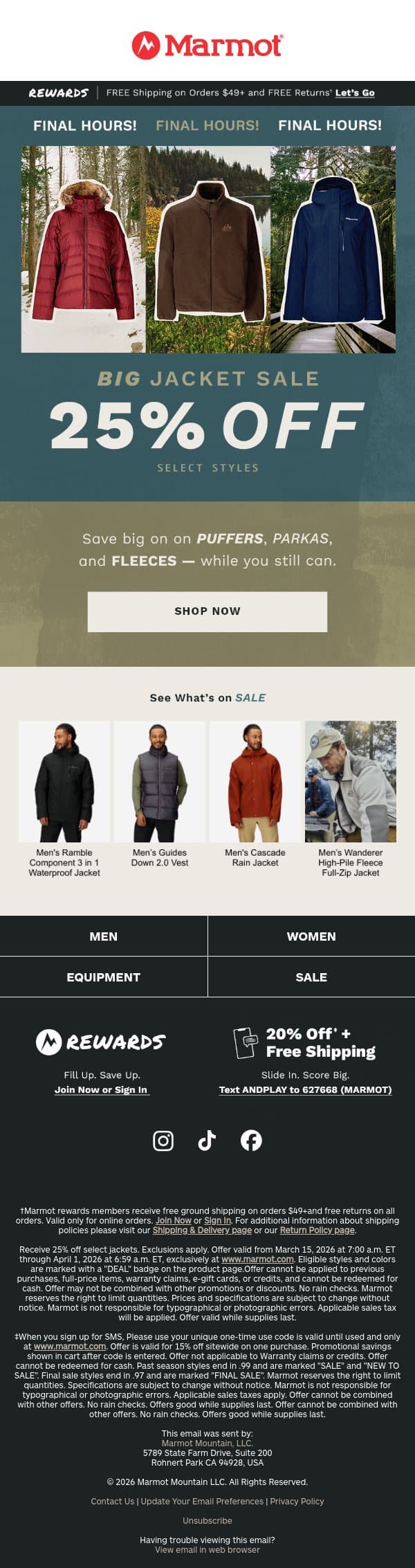 Final Hours: 25% Off Big Jacket Sale email from Marmot screenshot