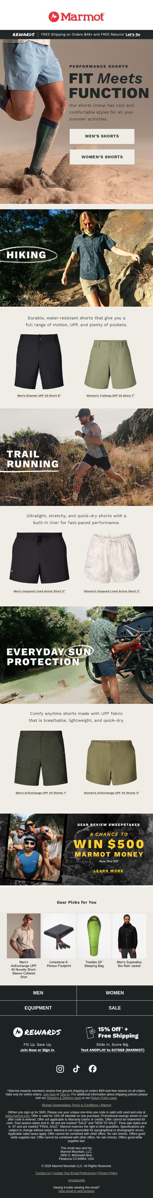 🩳Performance Shorts for Summer email from Marmot screenshot