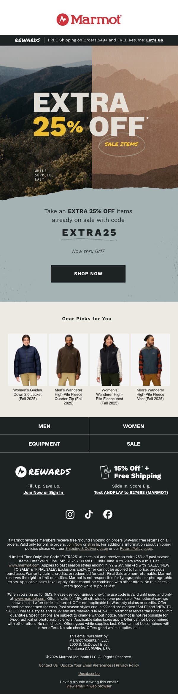 🎉SURPRISE: Extra 25% Off Sale Items email from Marmot screenshot
