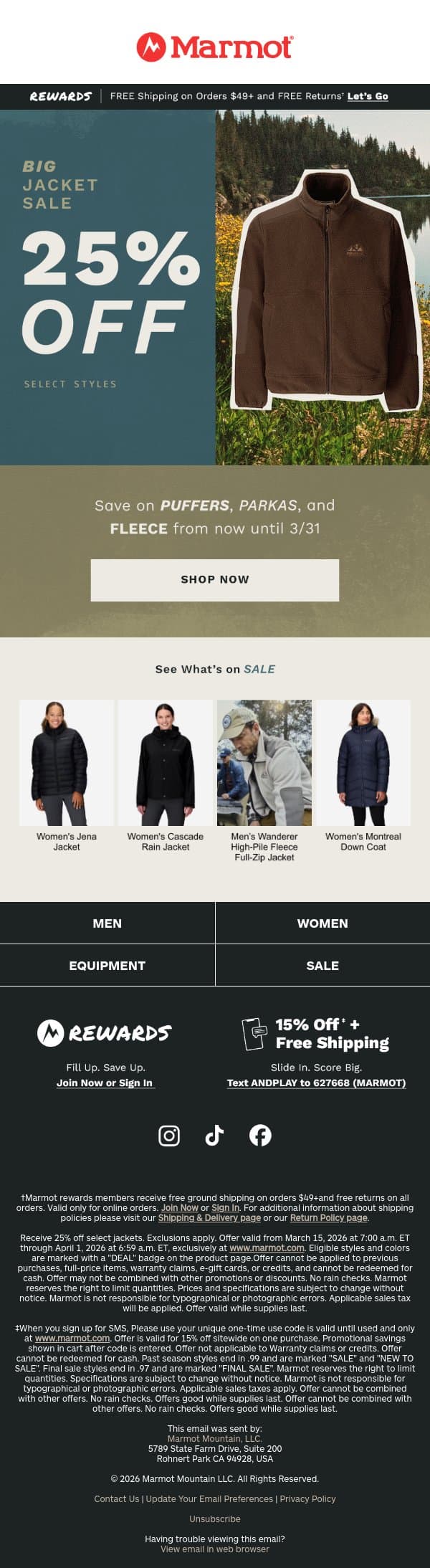 Starting Now: 25% Off Select Jackets email from Marmot screenshot