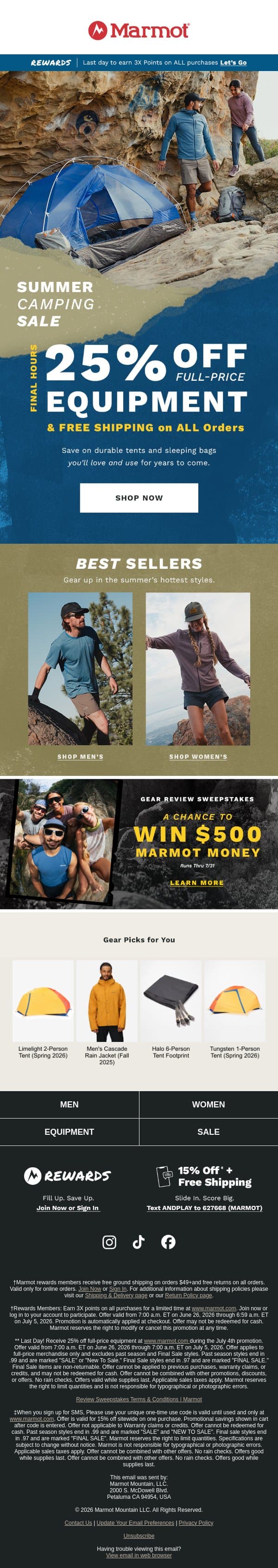 Final Hours: 25% Off Camping Equipment email from Marmot screenshot