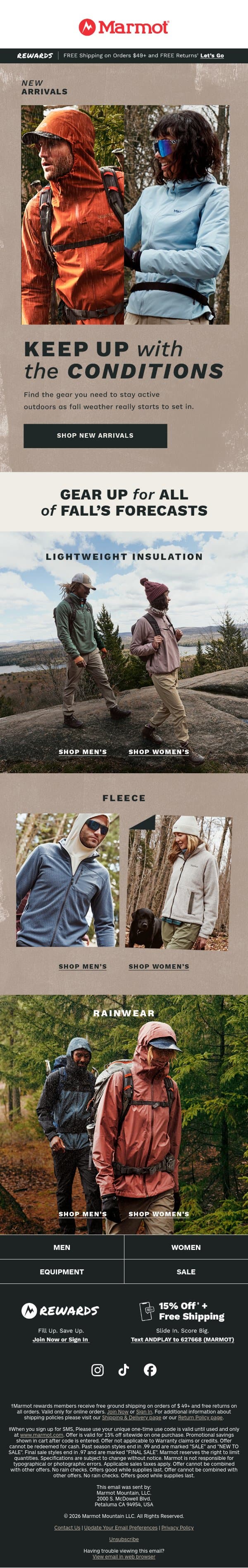 New Arrivals for Changing Conditions email from Marmot screenshot
