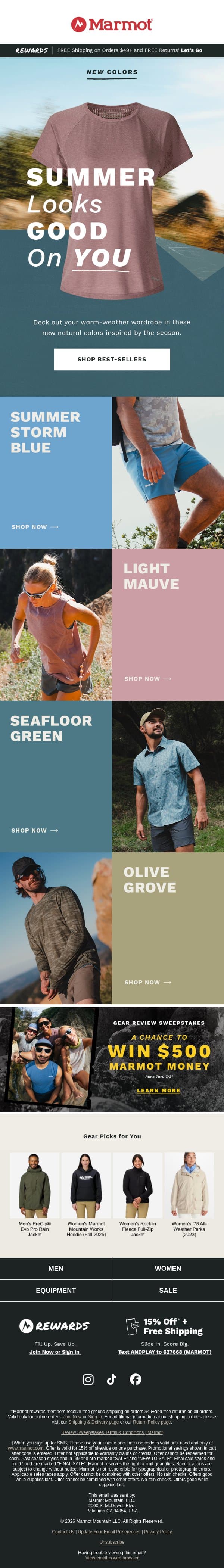 Best Sellers in Summer’s Colors email from Marmot screenshot