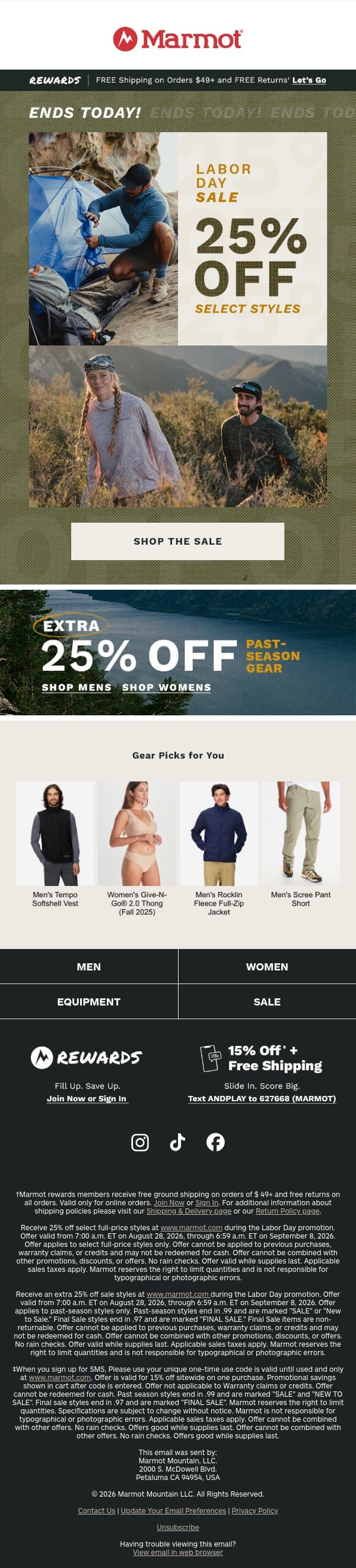 Last Day to Save 25% Off Select Styles email from Marmot screenshot