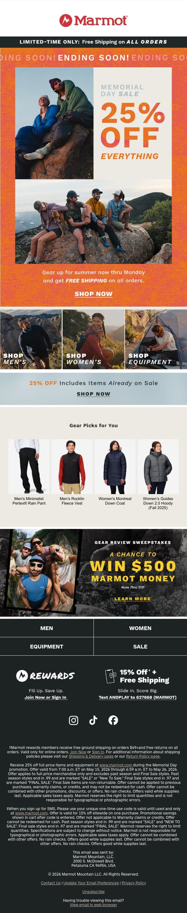 Ending Soon: 25% Off Everything email from Marmot screenshot