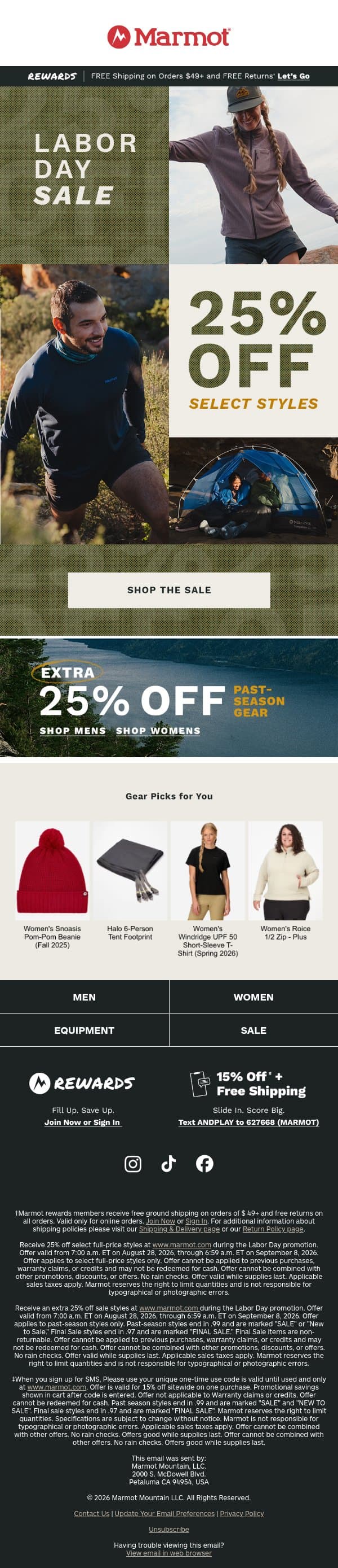 Labor Day Sale is ON! Save 25% Off Select Styles + an EXTRA 25% off past-season gear email from Marmot screenshot