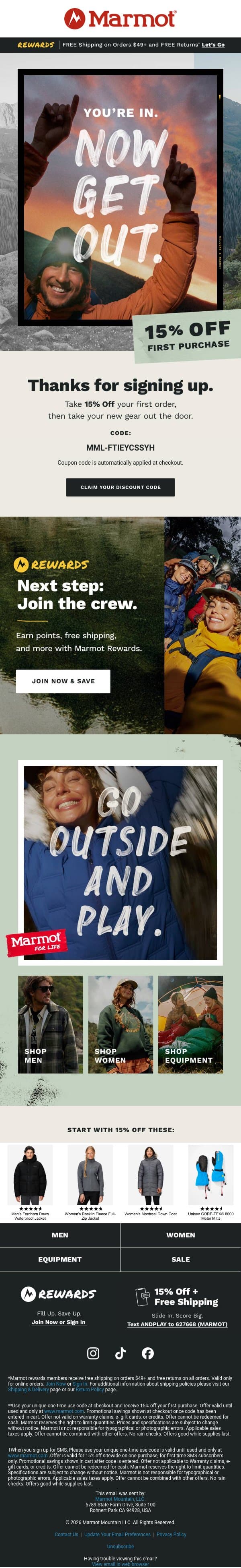 Take 15% Off & Get Out 🏞️ email from Marmot screenshot