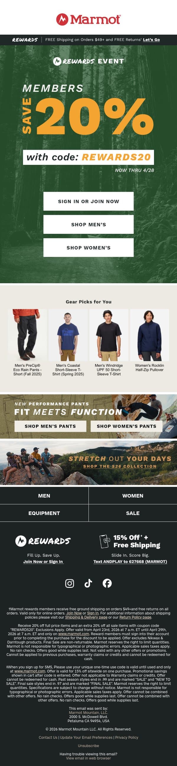 20% Off Rewards Event Starts Now email from Marmot screenshot