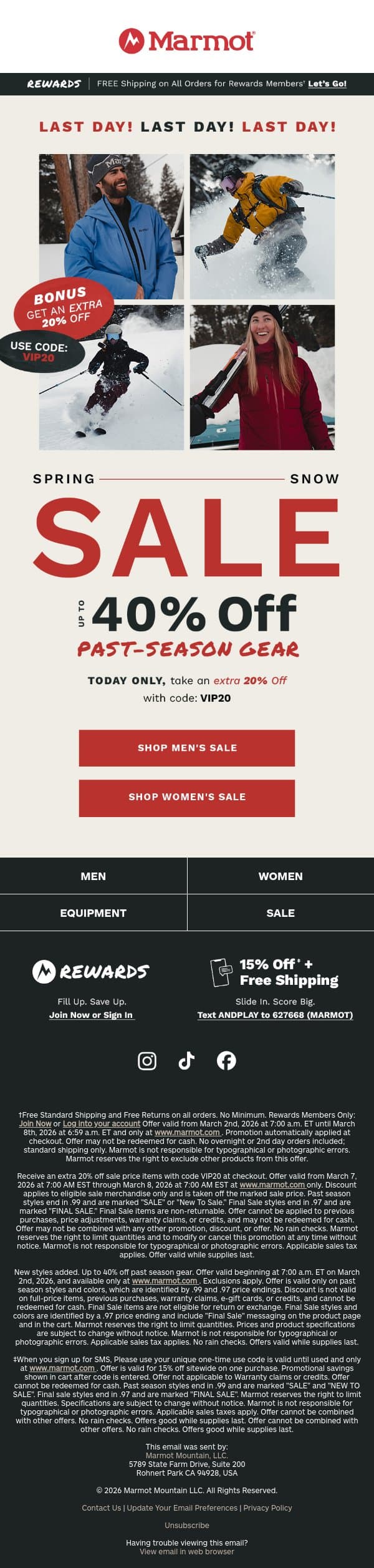 ENDING SOON! Extra 20% Off Sale email from Marmot screenshot