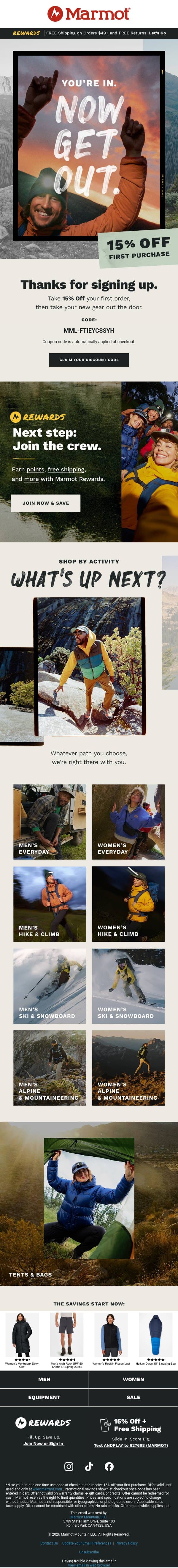 👉This way to 15% Off (& your next adventure) email from Marmot screenshot